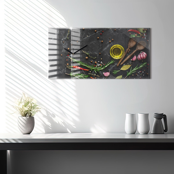 Horizontální skleněné hodiny na stěnu Koření na pultu