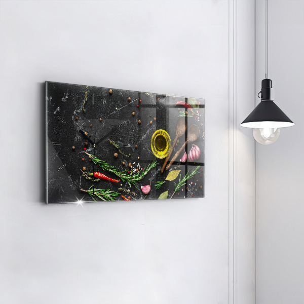 Horizontální skleněné hodiny na stěnu Koření na pultu