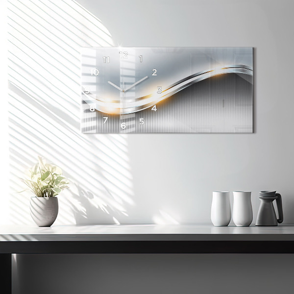 Horizontální skleněné hodiny na stěnu Kovová abstrakce