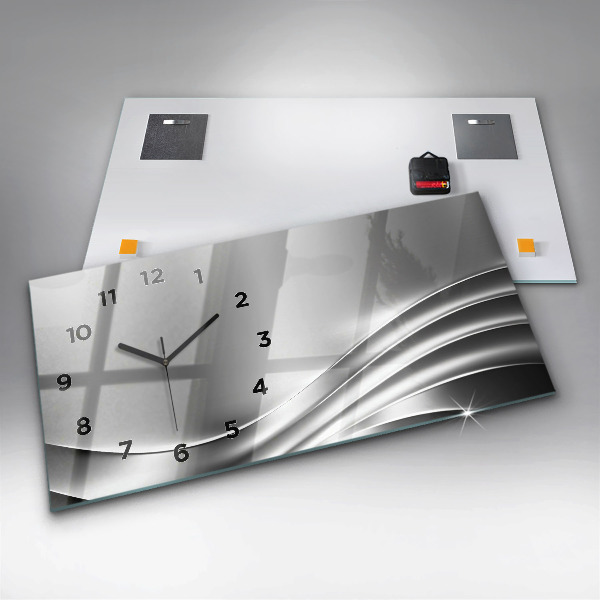 Horizontální skleněné hodiny na stěnu Stříbrná abstrakce