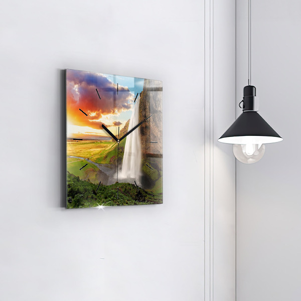 Skleněné hodiny čtvercové Vodopád na Islandu