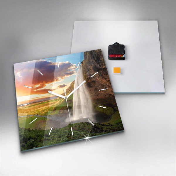 Skleněné hodiny čtvercové Vodopád na Islandu