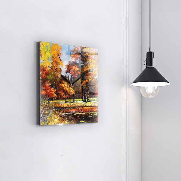 Skleněné hodiny čtvercové Podzimní krajina s řekou