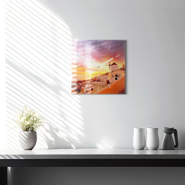 Skleněné hodiny čtvercové Starý větrný mlýn na Santorini