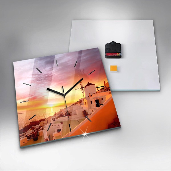 Skleněné hodiny čtvercové Starý větrný mlýn na Santorini