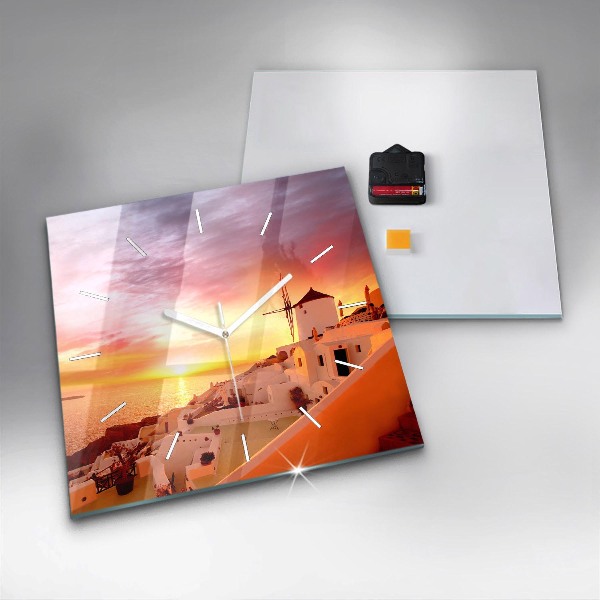 Skleněné hodiny čtvercové Starý větrný mlýn na Santorini