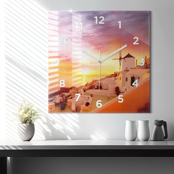 Skleněné hodiny čtvercové Starý větrný mlýn na Santorini