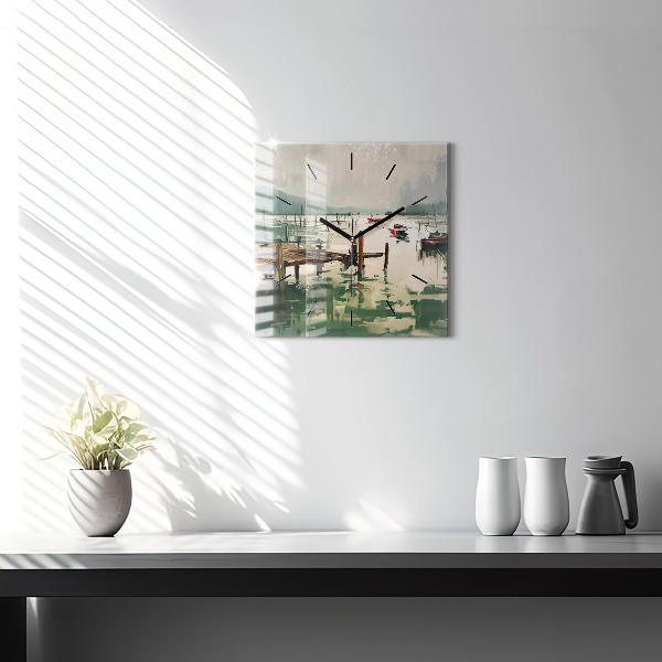 Skleněné hodiny čtvercové Rybářské lodě v přístavu