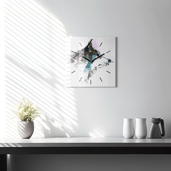 Skleněné hodiny čtvercové Profil malovaného vlka