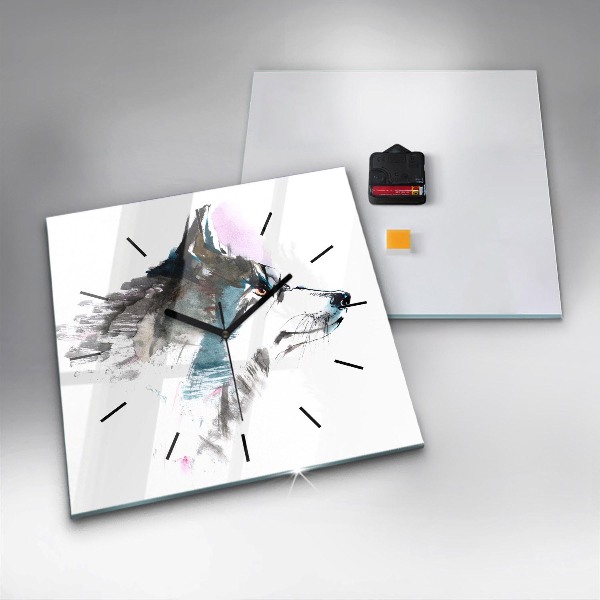 Skleněné hodiny čtvercové Profil malovaného vlka