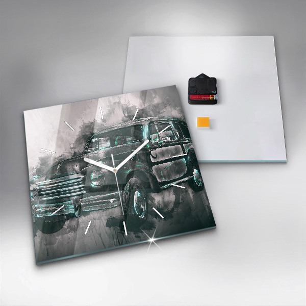 Skleněné hodiny čtvercové Old-School auto