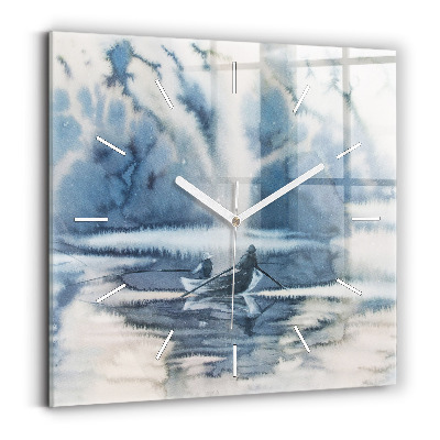 Skleněné hodiny čtvercové Zimní jezero Loď