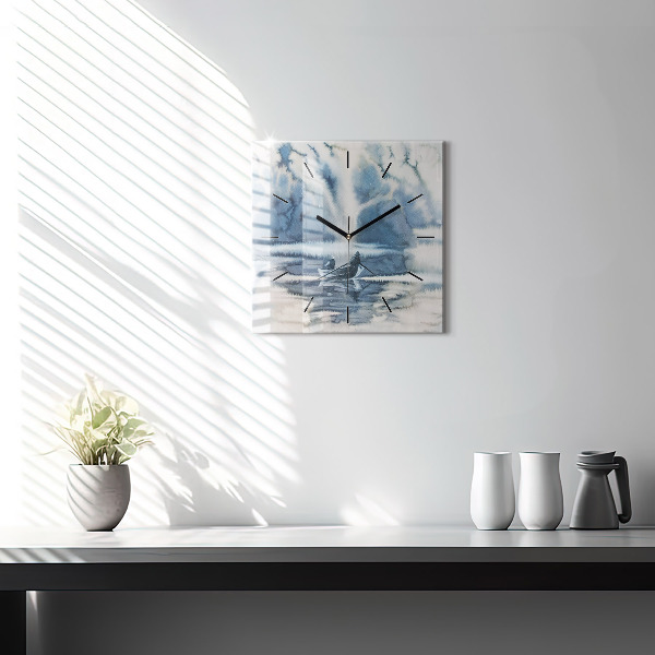 Skleněné hodiny čtvercové Zimní jezero Loď