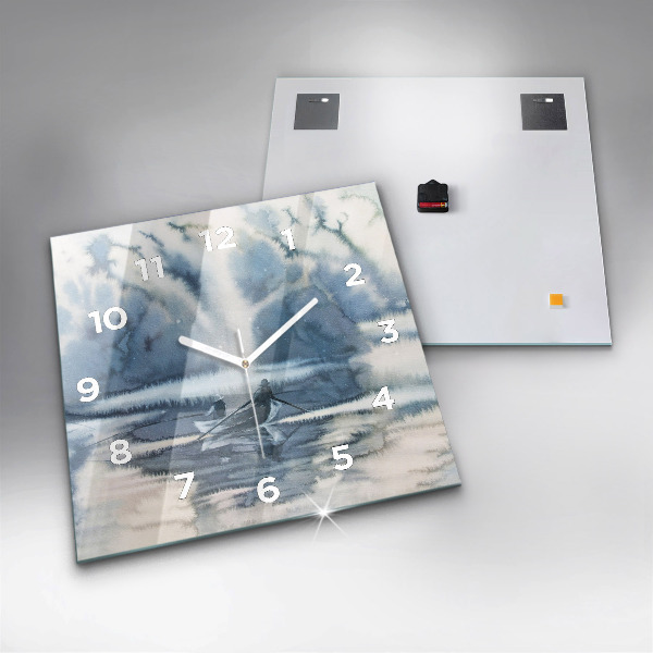 Skleněné hodiny čtvercové Zimní jezero Loď
