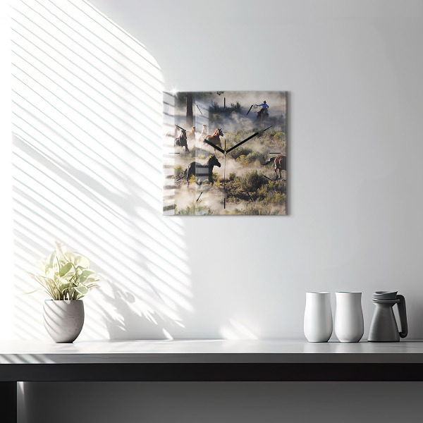 Skleněné hodiny čtvercové Stádo splašených koní