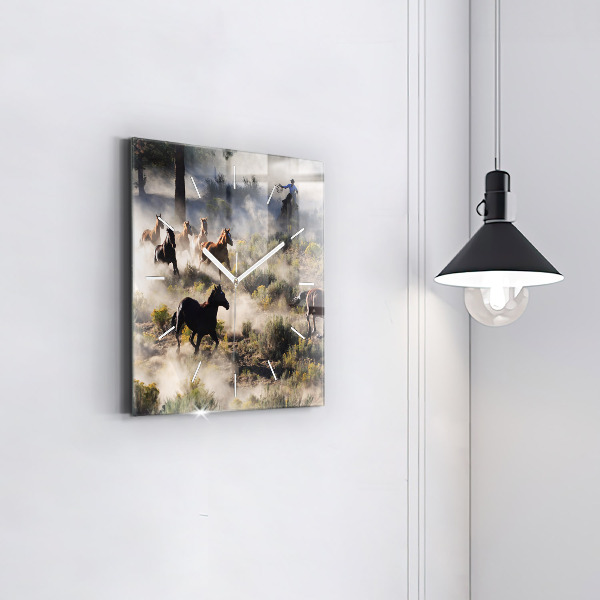 Skleněné hodiny čtvercové Stádo splašených koní