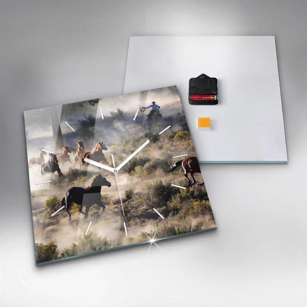 Skleněné hodiny čtvercové Stádo splašených koní