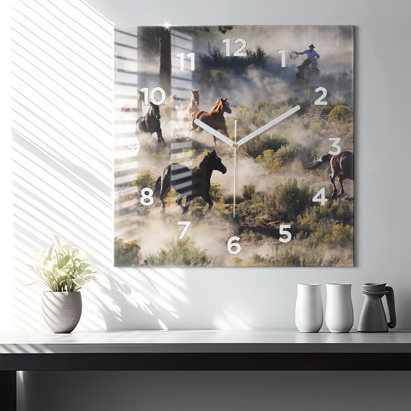 Skleněné hodiny čtvercové Stádo splašených koní