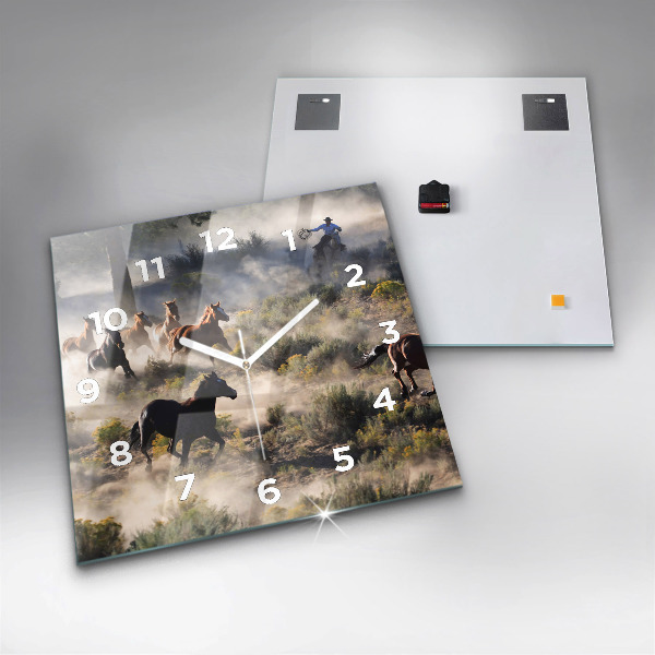 Skleněné hodiny čtvercové Stádo splašených koní