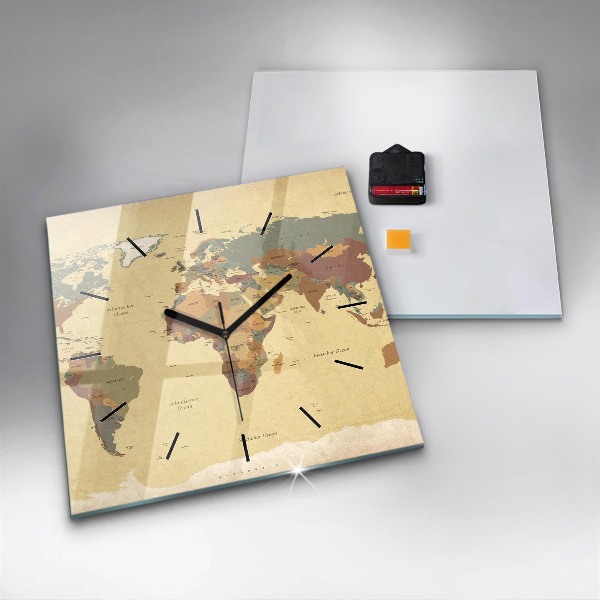Skleněné hodiny čtvercové Mapa světa ve vintage stylu