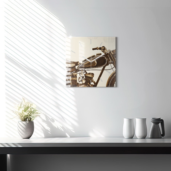 Skleněné hodiny čtvercové Sépiový motocykl Vintage