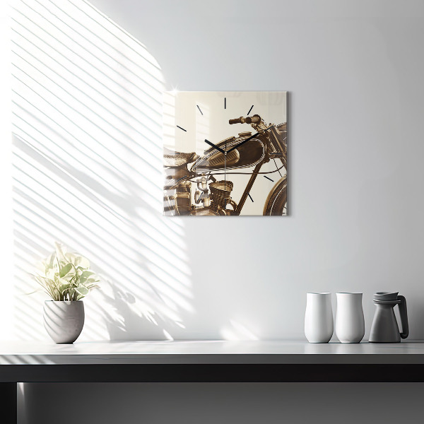 Skleněné hodiny čtvercové Sépiový motocykl Vintage