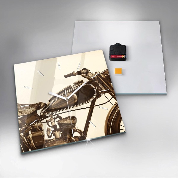 Skleněné hodiny čtvercové Sépiový motocykl Vintage