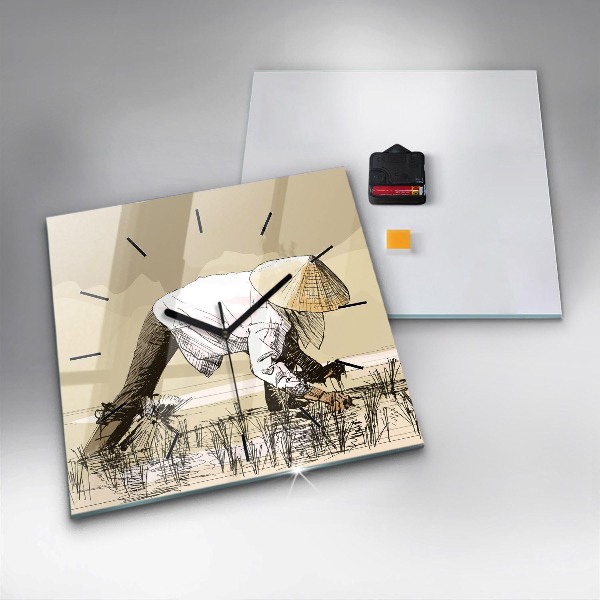 Skleněné hodiny čtvercové Žena sbírající rýži