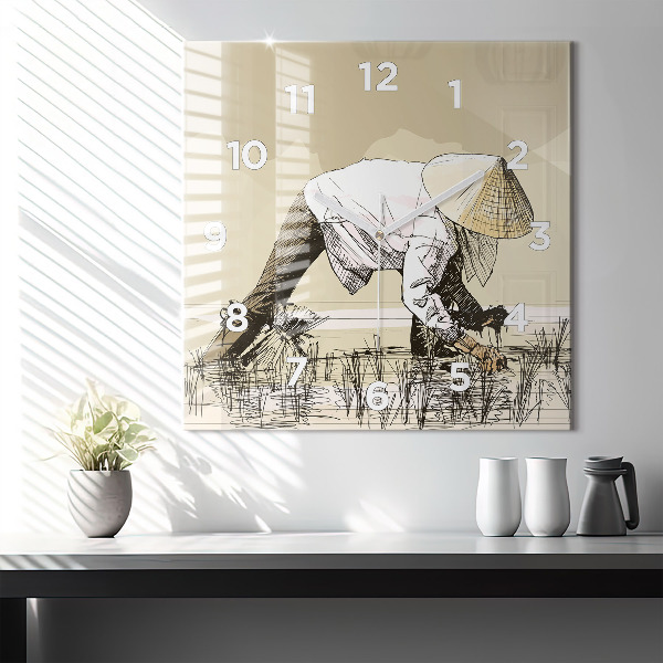 Skleněné hodiny čtvercové Žena sbírající rýži