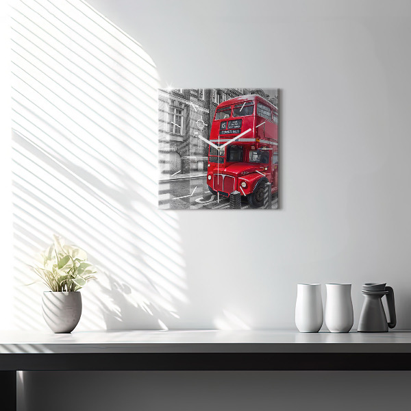 Skleněné hodiny čtvercové Červený dvoupatrový autobus