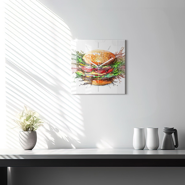 Skleněné hodiny čtvercové XXL sýrový hamburger
