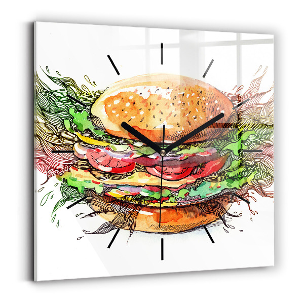 Skleněné hodiny čtvercové XXL sýrový hamburger
