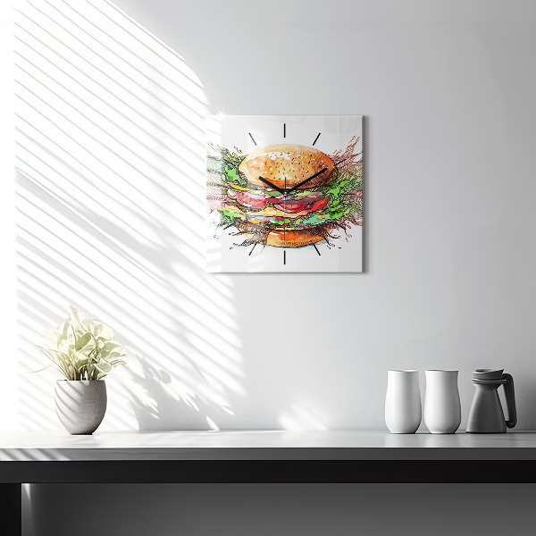 Skleněné hodiny čtvercové XXL sýrový hamburger