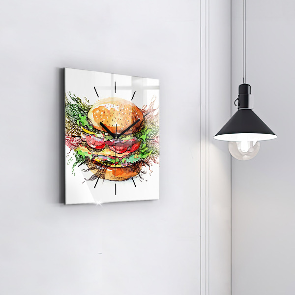 Skleněné hodiny čtvercové XXL sýrový hamburger