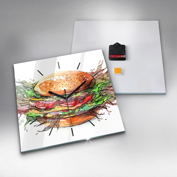 Skleněné hodiny čtvercové XXL sýrový hamburger