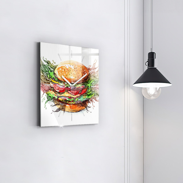 Skleněné hodiny čtvercové XXL sýrový hamburger