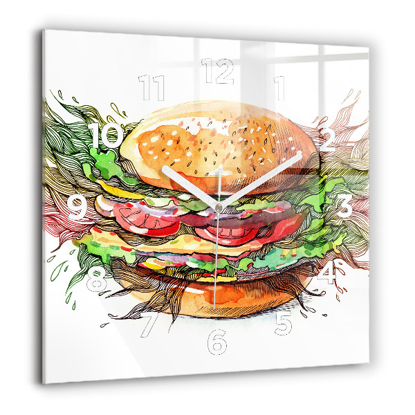 Skleněné hodiny čtvercové XXL sýrový hamburger