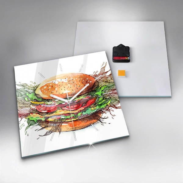 Skleněné hodiny čtvercové XXL sýrový hamburger