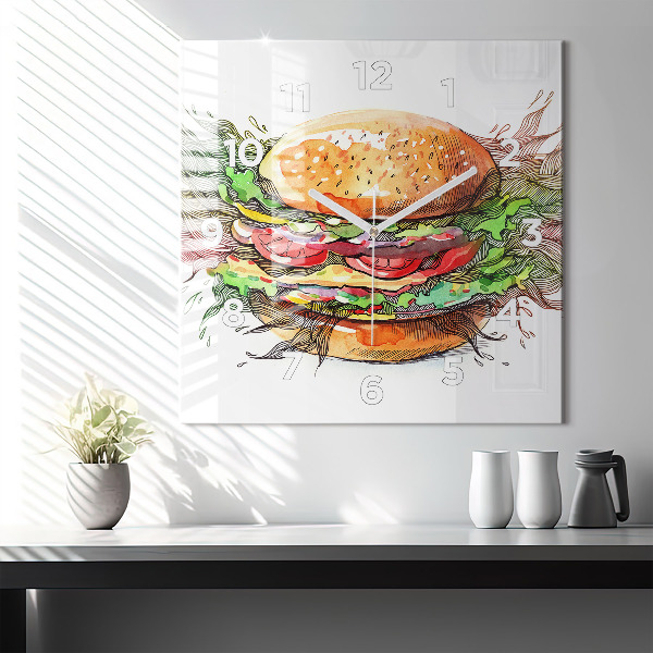 Skleněné hodiny čtvercové XXL sýrový hamburger