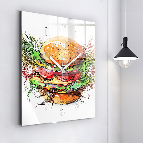 Skleněné hodiny čtvercové XXL sýrový hamburger
