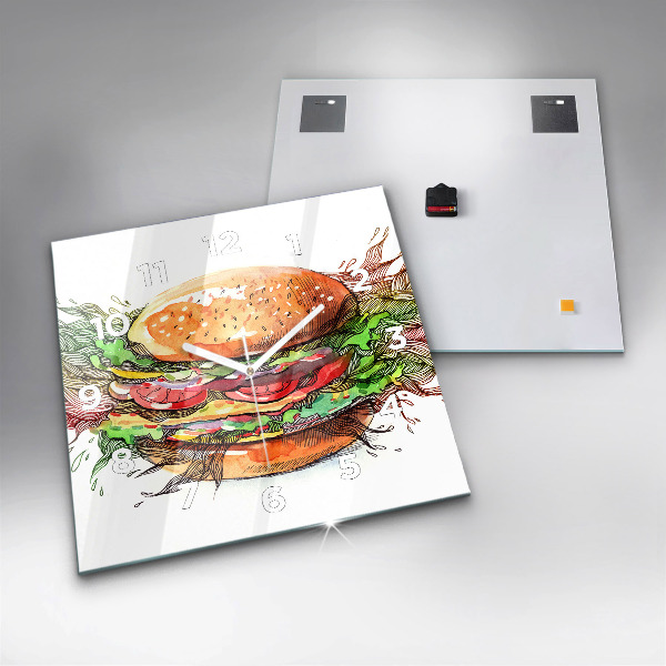 Skleněné hodiny čtvercové XXL sýrový hamburger
