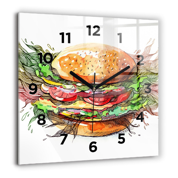 Skleněné hodiny čtvercové XXL sýrový hamburger