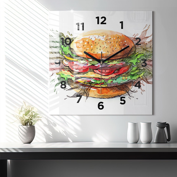 Skleněné hodiny čtvercové XXL sýrový hamburger