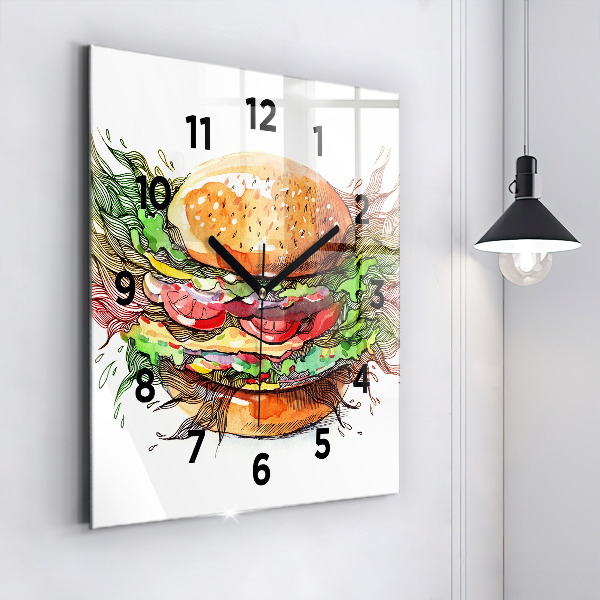 Skleněné hodiny čtvercové XXL sýrový hamburger
