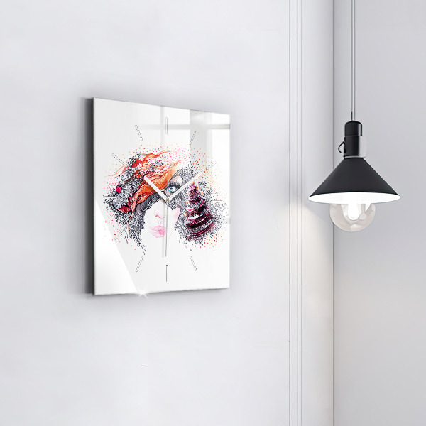 Skleněné hodiny čtvercové Sladká žena s dortem