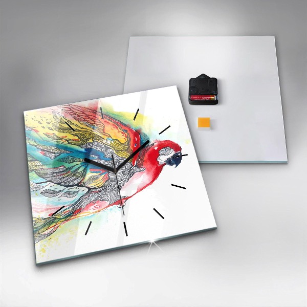 Skleněné hodiny čtvercové Barevný papoušek v letu