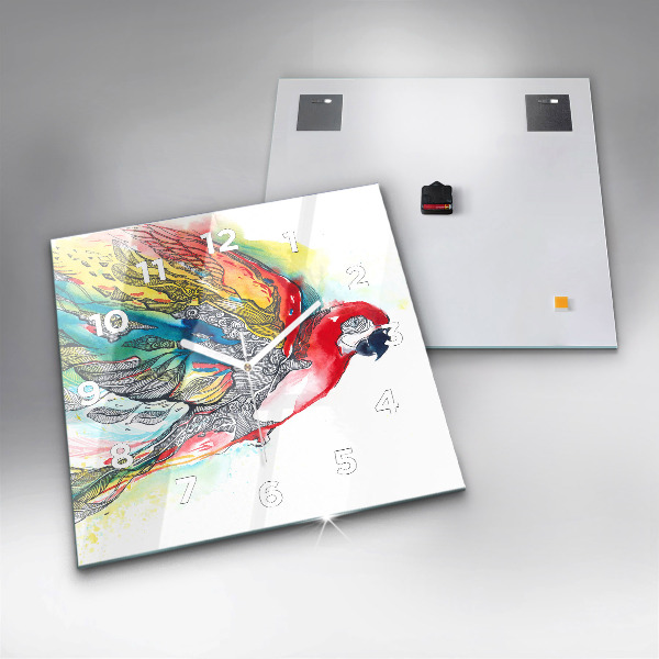 Skleněné hodiny čtvercové Barevný papoušek v letu