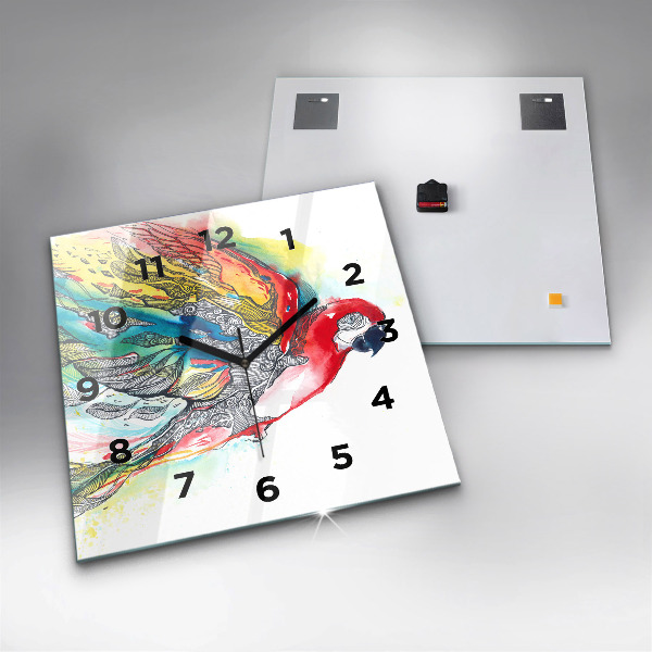 Skleněné hodiny čtvercové Barevný papoušek v letu