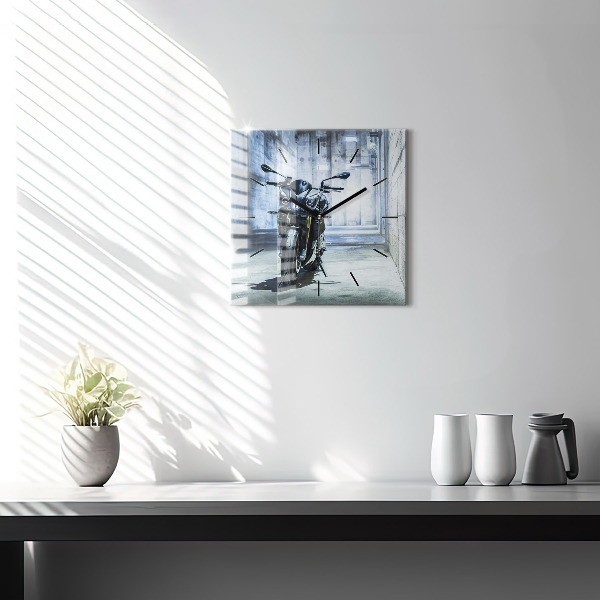 Skleněné hodiny čtvercové Motorka v uličce