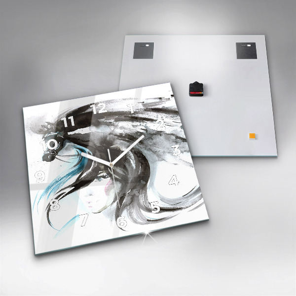 Skleněné hodiny čtvercové Abstraktní kůň a žena